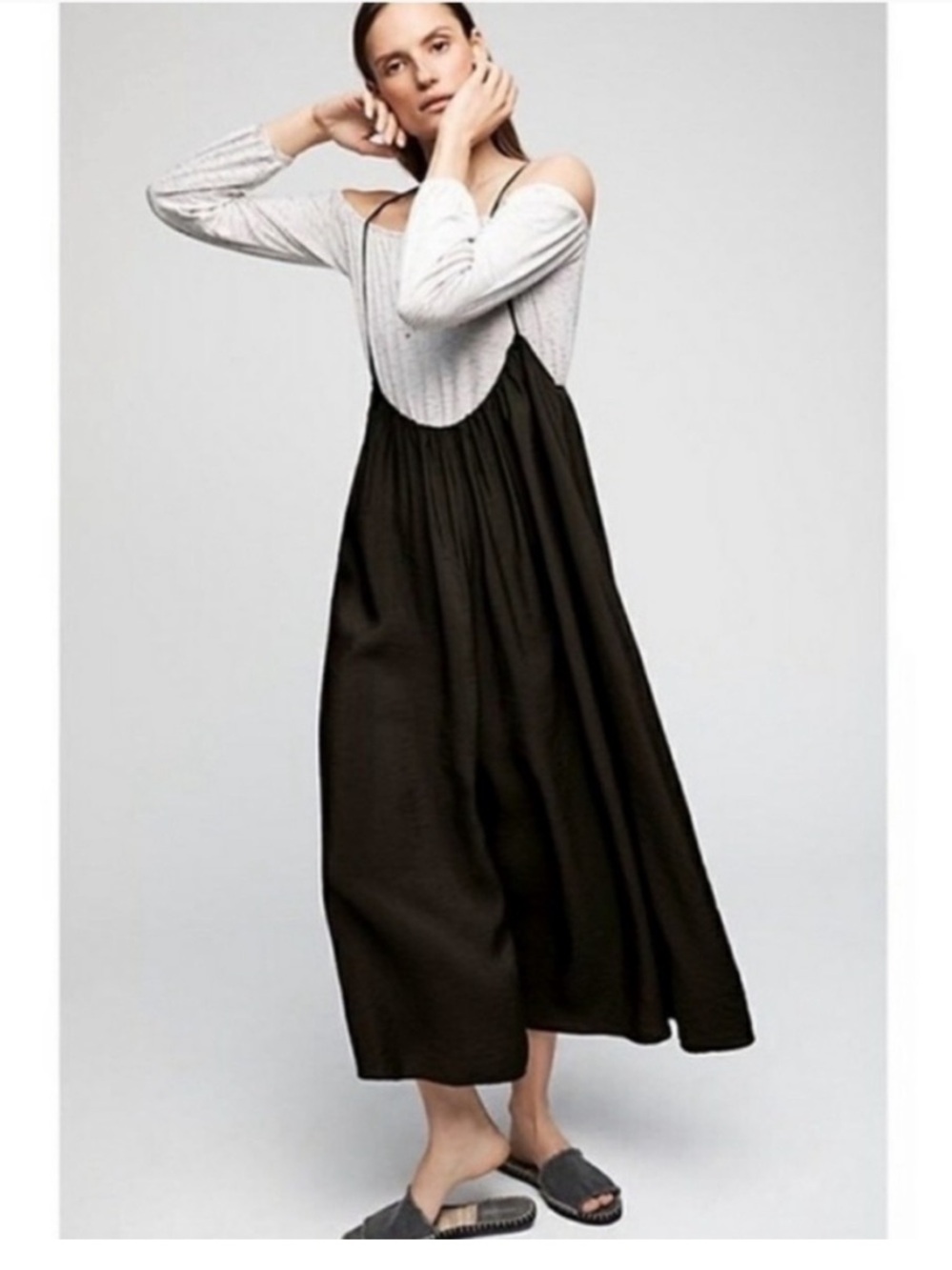 Akemi Kin Anthropologie Loose Wideleg Jumpsuit Suspenders Black Size Small - Picture 2 of 9